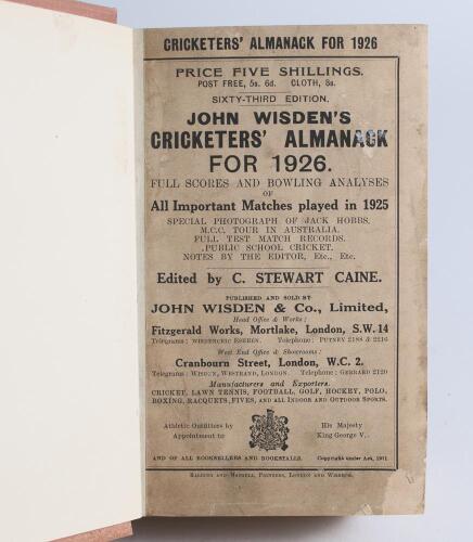 Wisden Cricketers&rsquo; Almanack 1926 and 1928. 63rd & 65th editions. Both bound in light brown boards, with original paper wrappers, with gilt titles to front board and spine. Splitting to the spine paper, some minor wear and age toning to the wrappers to the