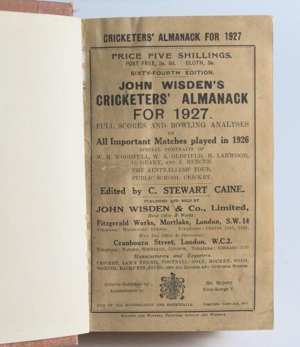 Wisden Cricketers&rsquo; Almanack 1927. 64th edition. Bound in light brown boards, with original paper wrappers, with gilt titles to front board and spine. Some wear to boards otherwise in good condition