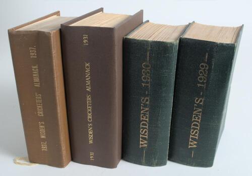 Wisden Cricketers&rsquo; Almanack 1929, 1930, 1931 and 1937. 66th to & 68th and 74th editions. All four bound in boards, two in green and two in brown, the first two and last editions lacking wrappers, the 1931 with original wrappers, with gilt titles to spines