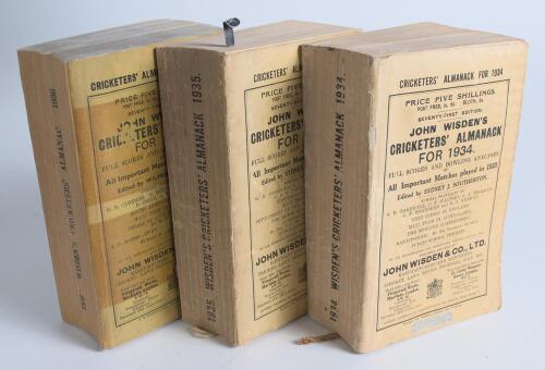 Wisden Cricketers&rsquo; Almanack 1934, 1935 and 1936. 71st to 73rd editions. Original paper wrappers. The 1934 edition with small loss to the edge of the rear wrapper, the 1935 edition with minor bowing to spine and slight soiling to wrappers and the 1936 edit