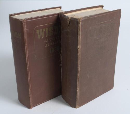 Wisden Cricketers&rsquo; Almanack 1938 and 1939. 75th & 76th editions. Original hardback editions. The 1938 edition in only fair condition with broken front and rear internal hinges, faded gilt titles, splitting and tear to spine paper, the 1939 edition with so