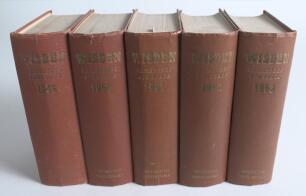 Wisden Cricketers&rsquo; Almanack 1949 to 1953. Original hardback editions. The 1949 edition with broken front and rear internal hinges, the 1950 with broken front internal hinges, the 1951 with wear to the front internal hinges, the 1952 edition with wear to t