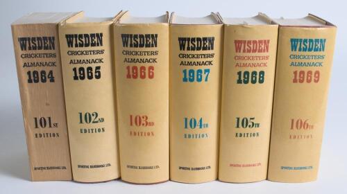 Wisden Cricketers&rsquo; Almanack 1964 to 1969. Original hardback editions with the exception of the 1964 edition which is a softback edition. Some age toning to the spine of the 1964 edition, the five hardback editions with non removable cellophane protective 