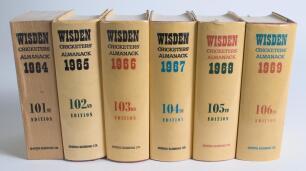 Wisden Cricketers&rsquo; Almanack 1964 to 1969. Original hardback editions with the exception of the 1964 edition which is a softback edition. Some age toning to the spine of the 1964 edition, the five hardback editions with non removable cellophane protective 