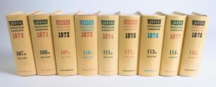 Wisden Cricketers&rsquo; Almanack 1970 to 1978. Original hardback editions. All books with non removable cellophane protective plastic covering dustwrappers otherwise in good/very good condition. Qty 9