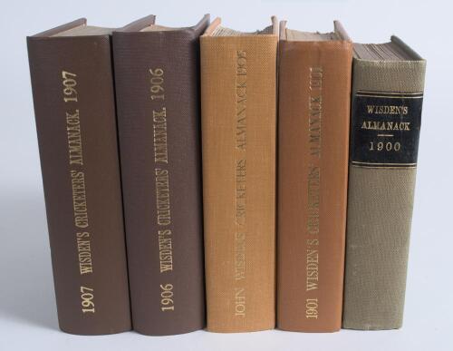Wisden Cricketers&rsquo; Almanack 1900, 1901, 1905, 1906 and 1907. 37th, 38th, 42nd, 48th and 49th editions. Bound in various colour boards with gilt titles to spines. The 1905 to 1907 editions with original paper wrappers, the 1901 edition with original front 