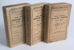 Wisden Cricketers&rsquo; Almanack 1901, 1902 and 1903. 38th to 40th editions. Original paper wrappers. The 1901 edition with replacement spine and lacking rear wrapper, some loss to the edge of and soiling to the front wrapper, the 1902 edition with replacement