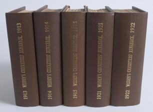 Wisden Cricketers&rsquo; Almanack 1913, 1914, 1915, 1921 and 1922. 50th to 52nd, 58th and 59th editions. Bound in dark brown boards with gilt titles to spines. The 1913 and 1914 editions with original paper wrappers, the 1921 and 1922 editions with original fro