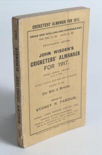 Wisden Cricketers&rsquo; Almanack 1917. 54th edition. Original paper wrappers. Vertical crease to front wrapper, minor wear to spine paper with small loss to head and base otherwise in good/very good condition. Rare war-time edition
