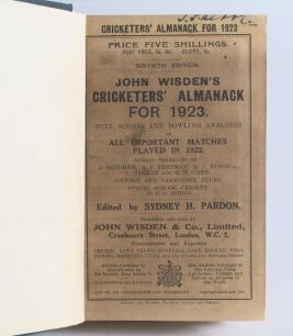 Wisden Cricketers&rsquo; Almanack 1923. 60th edition. Bound in green boards, with original wrappers, with gilt titles to spine. Soiling and staining to front wrapper, ink name of ownership to the top border of the front wrapper otherwise in good+ condition