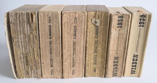 Wisden Cricketers&rsquo; Almanack 1929, 1933, 1934, 1937, 1938 and 1939. 66th, 70th, 71st, 74th, 75th and 76th editions. Original paper wrappers. All books with faults, the 1929 with detached worn and damaged wrappers, heavy loss to spine paper, the 1933 with h
