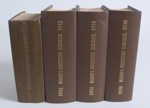 Wisden Cricketers&rsquo; Almanack 1931, 1932, 1935 and 1936. 68th, 69th, 72nd and 73rd editions. Bound in dark brown boards with gilt titles to spines. The latter three editions with original paper wrappers, the 1931 edition lacking wrappers. The 1932, 1935 and