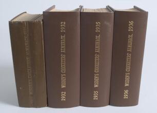 Wisden Cricketers&rsquo; Almanack 1931, 1932, 1935 and 1936. 68th, 69th, 72nd and 73rd editions. Bound in dark brown boards with gilt titles to spines. The latter three editions with original paper wrappers, the 1931 edition lacking wrappers. The 1932, 1935 and