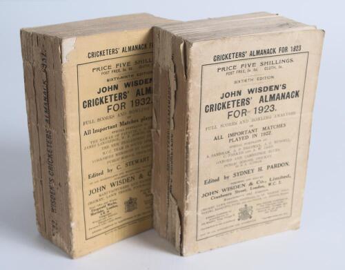 Wisden Cricketers&rsquo; Almanacks 1923 and 1932. 60th & 69th editions. Original paper wrappers. The 1923 edition with breaking to spine block, loss to spine paper otherwise in good condition, the 1932 edition with slight breaking to spine block and some loss t