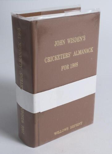 Wisden Cricketers&rsquo; Almanack 1908. Willows softback reprint (2000) in light brown hardback covers with gilt lettering. Limited edition 11/500. Un-opened condition with white band attached as issued. Very good condition