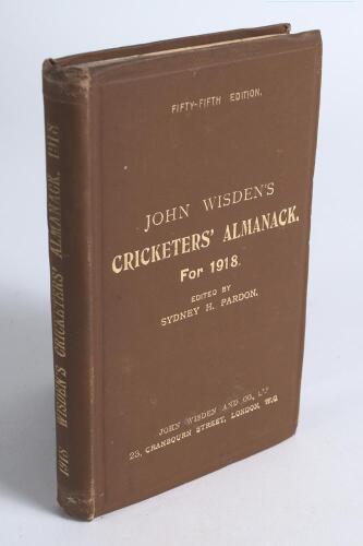 Wisden Cricketers&rsquo; Almanack 1918. 55th edition. Original hardback. Odd very minor marks to front board, wear to the head and base of the spine paper, pencil name and date of ownership handwritten to the top border of the front yellow end paper otherwise 