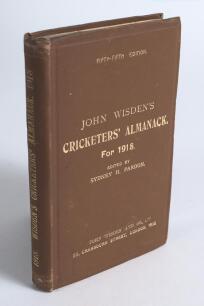 Wisden Cricketers&rsquo; Almanack 1918. 55th edition. Original hardback. Odd very minor marks to front board, wear to the head and base of the spine paper, pencil name and date of ownership handwritten to the top border of the front yellow end paper otherwise 