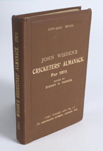 Wisden Cricketers&rsquo; Almanack 1919. 56th edition. Original hardback. Very good condition throughout with gilt titles to front board and spine paper bright. A rare wartime hardback edition. Not often seen in such lovely condition