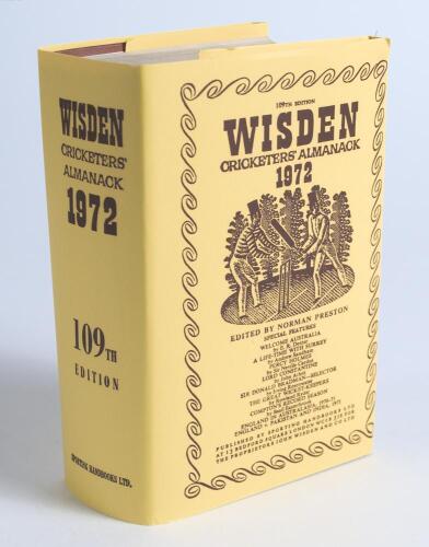 Wisden Cricketers&rsquo; Almanack 1972. Original hardback edition with replacement dustwrapper. Nicely signed in ink by four of the five &lsquo;Cricketers of the Year&rsquo; to their photograph plate, Z. Abbas (Pakistan), B. Taylor (Essex), G.G. Arnold (Surrey) and L.R. Gi