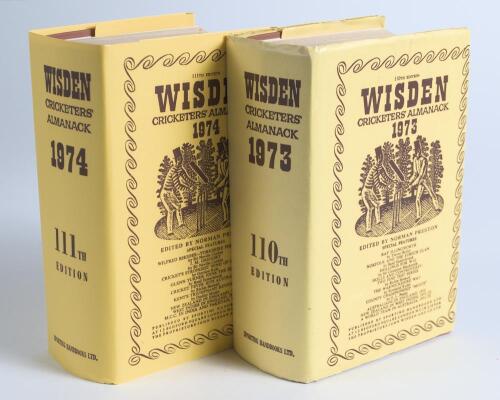 Wisden Cricketers&rsquo; Almanack 1973. Original hardback edition with replacement dustwrapper. Nicely signed in ink by three of the five &lsquo;Cricketers of the Year&rsquo; to their photograph plate, G.S. Chappell, K.R. Stackpole (both Australia) and J.A. Snow (Sussex). 