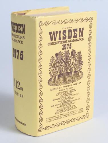 Wisden Cricketers&rsquo; Almanack 1975. Original hardback edition with replacement dustwrapper. Nicely signed in ink by all five &lsquo;Cricketers of the Year&rsquo; to their photograph plate, A.W. Greig (Sussex), N. Gifford (Worcs), M. Denness (Kent), A. Roberts (Hampshir