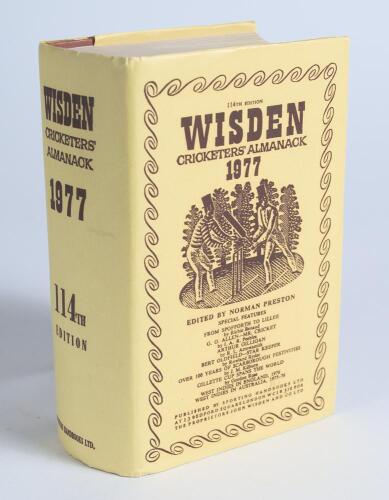 Wisden Cricketers&rsquo; Almanack 1977. Original hardback edition with replacement dustwrapper. Nicely signed in ink by all five &lsquo;Cricketers of the Year&rsquo; to their photograph plate, I.V.A. Richards, G. Greenidge, M.A. Holding (all West Indies), J.M. Brearley (Mi