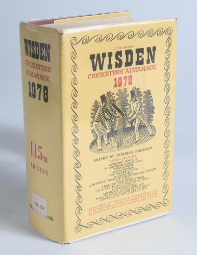 Wisden Cricketers&rsquo; Almanack 1978. Original hardback edition with original dustwrapper. Nicely signed in ink by all five &lsquo;Cricketers of the Year&rsquo; to their photograph plate, I.T. Botham (Somerset), R.G.D. Willis (Warwicks), A. Jones (Glamorgan), M. Hendrick
