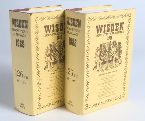 Wisden Cricketers&rsquo; Almanack 1988. Original hardback edition with dustwrapper. Nicely signed in ink by four of the five &lsquo;Cricketers of the Year&rsquo; to their photograph plate, P.A. Roebuck (Somerset), D.P. Hughes (Lancs), N.A. Foster (Essex) and J.P. Agnew (Le