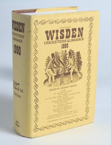 Wisden Cricketers&rsquo; Almanack 1990. Original hardback edition with dustwrapper. Nicely signed in ink by all five &lsquo;Cricketers of the Year&rsquo; to their photograph plate, R.C. Russell (Gloucs), R.A. Smith (Hampshire), M.A. Taylor, D.M. Jones (both Australia) and 