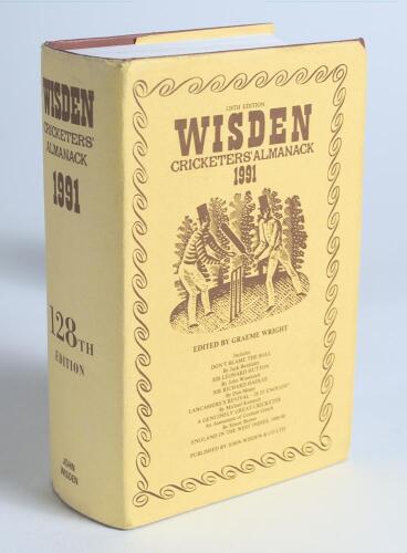 Wisden Cricketers&rsquo; Almanack 1991. Original hardback edition with dustwrapper. Nicely signed in ink by four of the five &lsquo;Cricketers of the Year&rsquo; to their photograph plate, M.E. Waugh (Australia), A.R. Butcher (Glamorgan), D. Haynes (West Indies) and M.A. A
