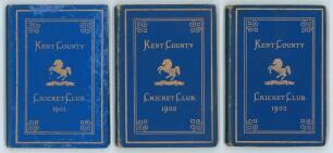Kent County Cricket Club Annual 1901 to 1903. Three editions of the hardback &lsquo;blue book&rsquo;, the first printed by Cross & Jackman, Canterbury and the following two by The Kentish Gazette Office, Ashford. Original decorative boards, gilt to page edges. Gilt 