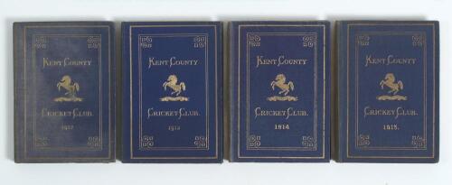 Kent County Cricket Club Annual 1912 to 1915. Four editions of the hardback &lsquo;blue book&rsquo;, printed either by the The Kentish Gazette Office, Ashford or Gibbs & Son, Canterbury. Original decorative boards, gilt to page edges. Gilt titles and Kent emblem in g