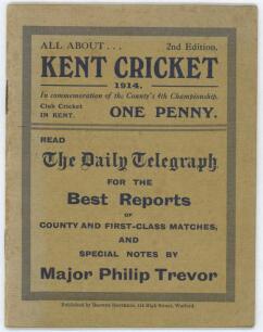 &lsquo;All About Kent Cricket 1914. In Commemoration of the County&rsquo;s 4th Championship&rsquo;. 2nd Edition. Published by Blower Brothers of High Street Watford. A scarce Kent publication. Good/very good condition