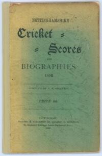 &lsquo;Nottinghamshire Cricket Scores and Biographies Season 1892&rsquo;. C.H. Richards. Nottingham 1892. Original stiffened card front cover with replacement rear cover, spine and endpapers. Padwick 2517. Some wear and age toning to front cover, otherwise in good co
