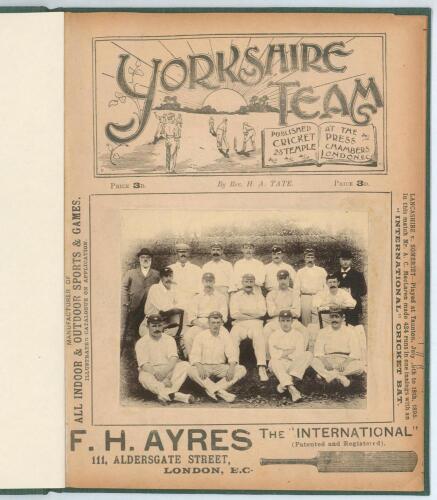 &lsquo;Yorkshire Team, 1897&rsquo;. Rev. H.A. Tate. Cricket Press, London 1897. Sixteen page magazine style book comprising a match by match description of Yorkshire&rsquo;s season with first-class averages and pen portraits of fourteen members of the team. The front cover