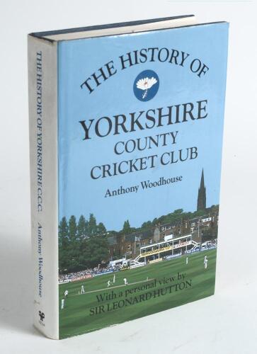 &lsquo;The History of Yorkshire County Cricket Club&rsquo;. Anthony Woodhouse. Christopher Helm, Bromley 1989. Hardback with dustwrapper. Profusely signed to the pages or to pieces/ labels and the odd card, laid down to the endpapers, title pages and throughout by ov