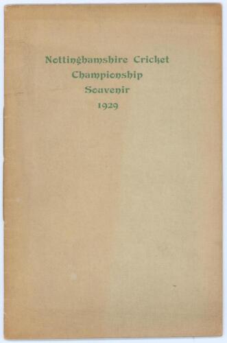 &lsquo;Nottinghamshire Cricket Championship Souvenir 1929&rsquo;. F.S. Ashley-Cooper. Nottingham 1929. Original paper wrappers. Padwick 2501. Minor age toning to wrappers otherwise in good/ very good condition.