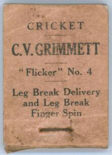 &lsquo;Cricket. C.V. Grimmett Flicker Book. No. 4, &lsquo;Leg Break Delivery and Leg Break Finger Spin&rsquo;. Published by Flicker Productions Ltd, London in 1930. Some soiling and wear to wrappers, slight rusting to staple, tear to head of booklet, otherwise in good cond