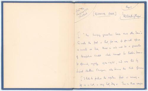 &lsquo;Glancing Back&rsquo;. R.C. &lsquo;Crusoe&rsquo; Robertson-Glasgow&rsquo;. Six page handwritten manuscript in ink of an article written by Robertson-Glasgow for the Hampshire C.C.C. handbook, undated. Nicely signed by the author to the first page, with his initials &lsquo;R.C.R-G&rsquo; to 