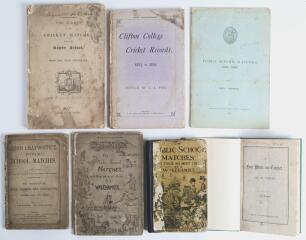 Public Schools cricket 1843-1892. Seven titles relating to public school cricket at Eton, Harrow, Rugby, Clifton College, Uppingham etc. Titles include &lsquo;The Scores of the Cricket Matches Played at Rugby School from the year 1831 [to 1845]&rsquo;, printed by J.S