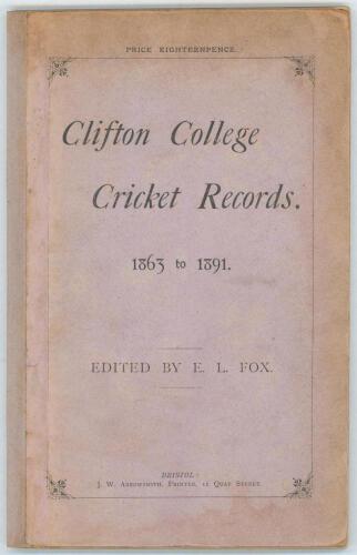 &lsquo;Clifton College Cricket Records. 1863 to 1891&rsquo;. Edited by E.L. Fox. Bristol 1892. 79pp. Original decorative stiffened card boards with later replacement spine, preserved in modern grey box. Comprises scores and averages for players including K.J. Key, E.