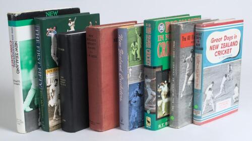 New Zealand cricket histories. Eight hardback titles, the majority with good dustwrappers. Includes three with signatures. &lsquo;The All Blacks at Cricket 1860-1958&rsquo;, S. Canynge Caple, Worcester 1958, signed in ink to title page with dedication by the author. 
