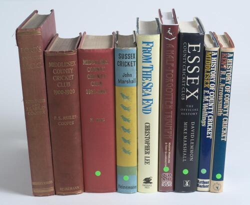 South East county and Lord&rsquo;s cricket histories 1920 onwards. Nine hardback titles covering Middlesex, Lord&rsquo;s, Sussex, Kent and Essex. Includes three earlier hardback titles, &lsquo;Lord&rsquo;s and the M.C.C.&rsquo;, Lord Harris & F.S. Ashley Cooper, London 1920, and two v