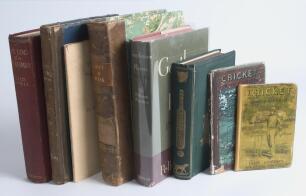General cricket books. Eight hardbacks (one softback) including &lsquo;A Handbook of Cricket&rsquo;. Edmund Routledge, two copies, one assumed to be first edition of 1862 in original pictorial yellow boards, replacement spine, and an 1867 edition in original blue/ re
