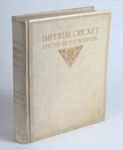 &lsquo;Imperial Cricket&rsquo;. P.F. Warner. London 1912. Large &lsquo;Limited Edition de Luxe&rsquo; issue of 100 copies, this being no. 92. Original full vellum covers, all edges gilt. Beautifully signed in ink by Warner to title page, &lsquo;Pelham F. Warner&rsquo;. Minor soiling to boa