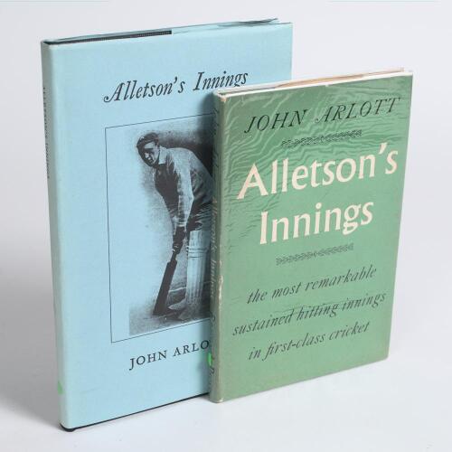 &lsquo;Alletson&rsquo;s Innings&rsquo;. John Arlott. London 1957. Original hardback with good dustwrapper. Signature of Arlott on label laid down to title page. Sold with a facsimile reprint published by J.W. McKenzie, Ewell 1991, limited edition no. 147/250, signed by Arl