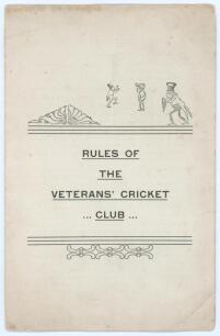 &lsquo;Rules of the Veteran&rsquo;s Cricket Club&rsquo;. Four page printed card brochure with decorative cover and title, to inside pages &lsquo;Rules...&rsquo; of the club and to back cover a printed scorecard (uncompleted) for the &lsquo;Grand Cricket Match. Hittites vs. Hivites&rsquo; played o