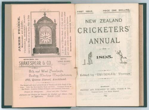New Zealand Cricketers&rsquo; Annual 1895. Edited by &lsquo;Trundler&rsquo; Thames (William Henry Newton). Abel, Dykes & Co. Auckland 1895. Rebound with replacement boards incorporating the original front cover, green leather spine and endpapers. Gilt titles to front and s