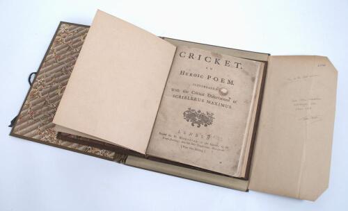 &lsquo;Cricket. An Heroic Poem. Illustrated. With the critical observations of Scriblerus Maximus&rsquo;. James Love [Dance]. Published by W. Bickerton 1744. First edition. 25pp. Woodcut title vignette. Bound in full brown suede leather with gilt title to front cover