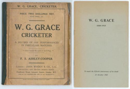 &lsquo;W.G. Grace. Cricketer. A record of his performances in first-class matches&rsquo;. F.S. Ashley-Cooper. London 1916. Original paper wrappers, which appear to have been laid to stiffened boards with black tape to spine. Wear and age toning to covers, old tape re